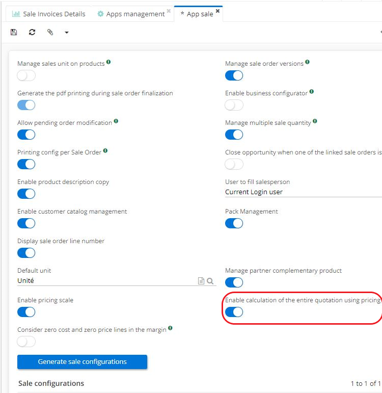 1.3. When the “Enable pricing scales” feature is active, the “Enable calculation of the entire quotation using pricing” box will appear on the Sales app page.